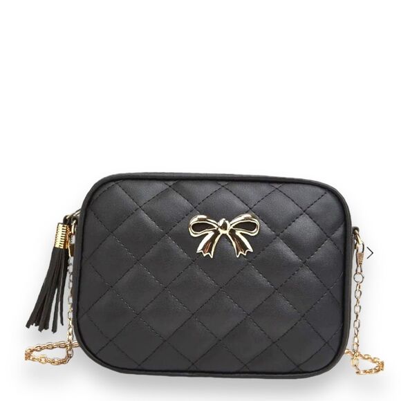 Black Quilted Tassel Zip Closure Gold Crossbody Chain Handbag Bag - Picture 1 of 3